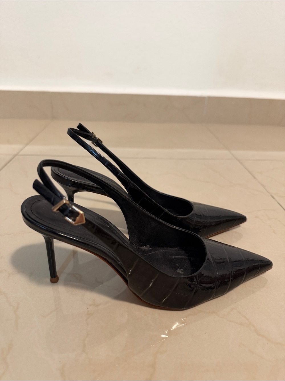 SCHUTZ Black Patent Leather Pointed Slingback Heels